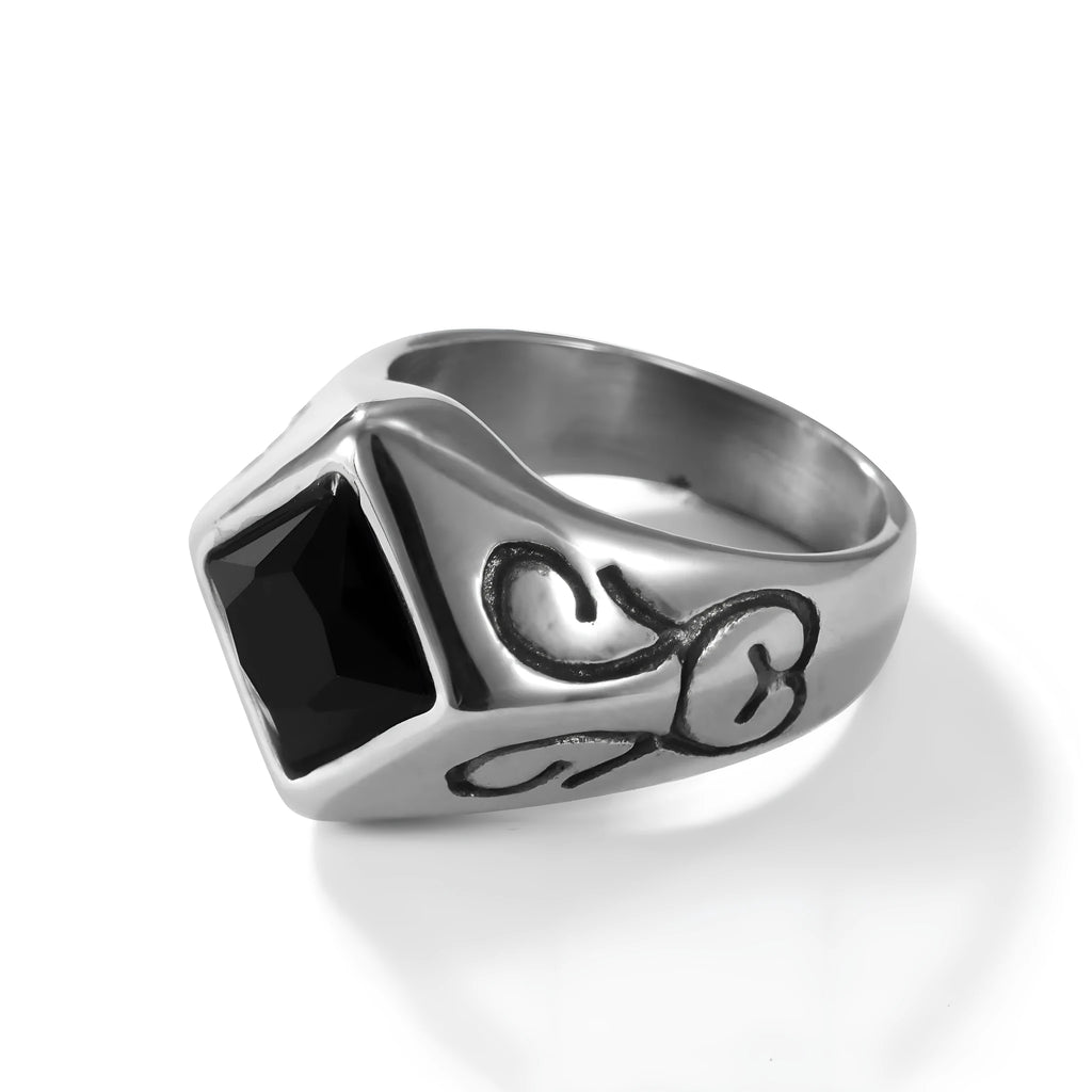 Square personality twisted ring in stainless steel with polished finish, leaf style and retro design, sizes 18-22.