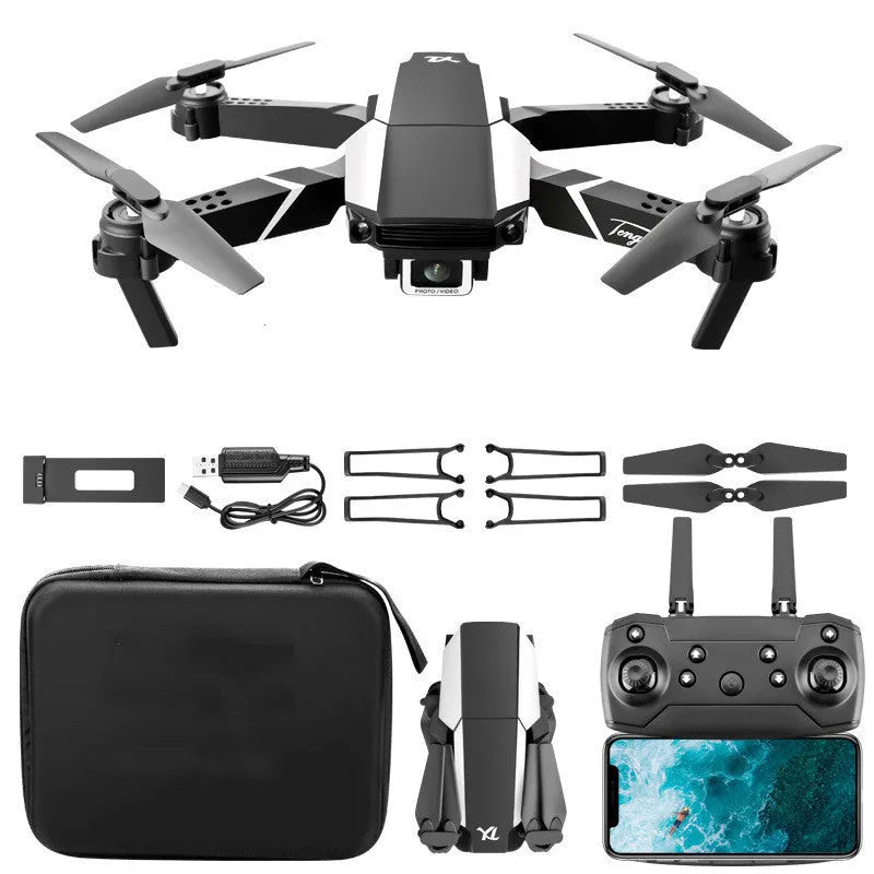 S62 folding quadcopter drone with 4K dual camera in black against white background