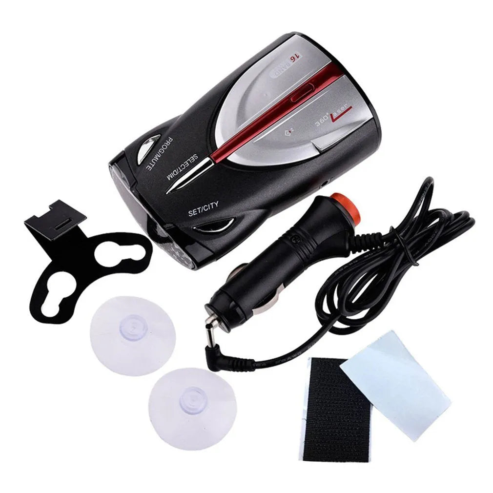 XRS9880 bilingual English Russian radar detector with 12V car charger and suction cup bracket