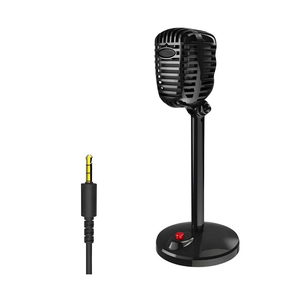 Black USB computer microphone with adjustable neck stand on desktop