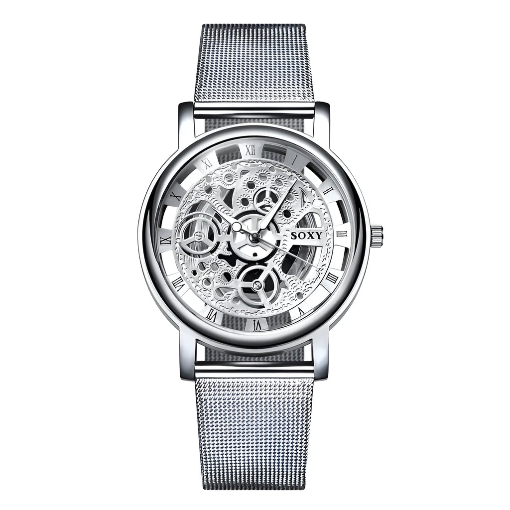 Men's non mechanical watch with hollow cross border design, black dial and simple strap on wrist