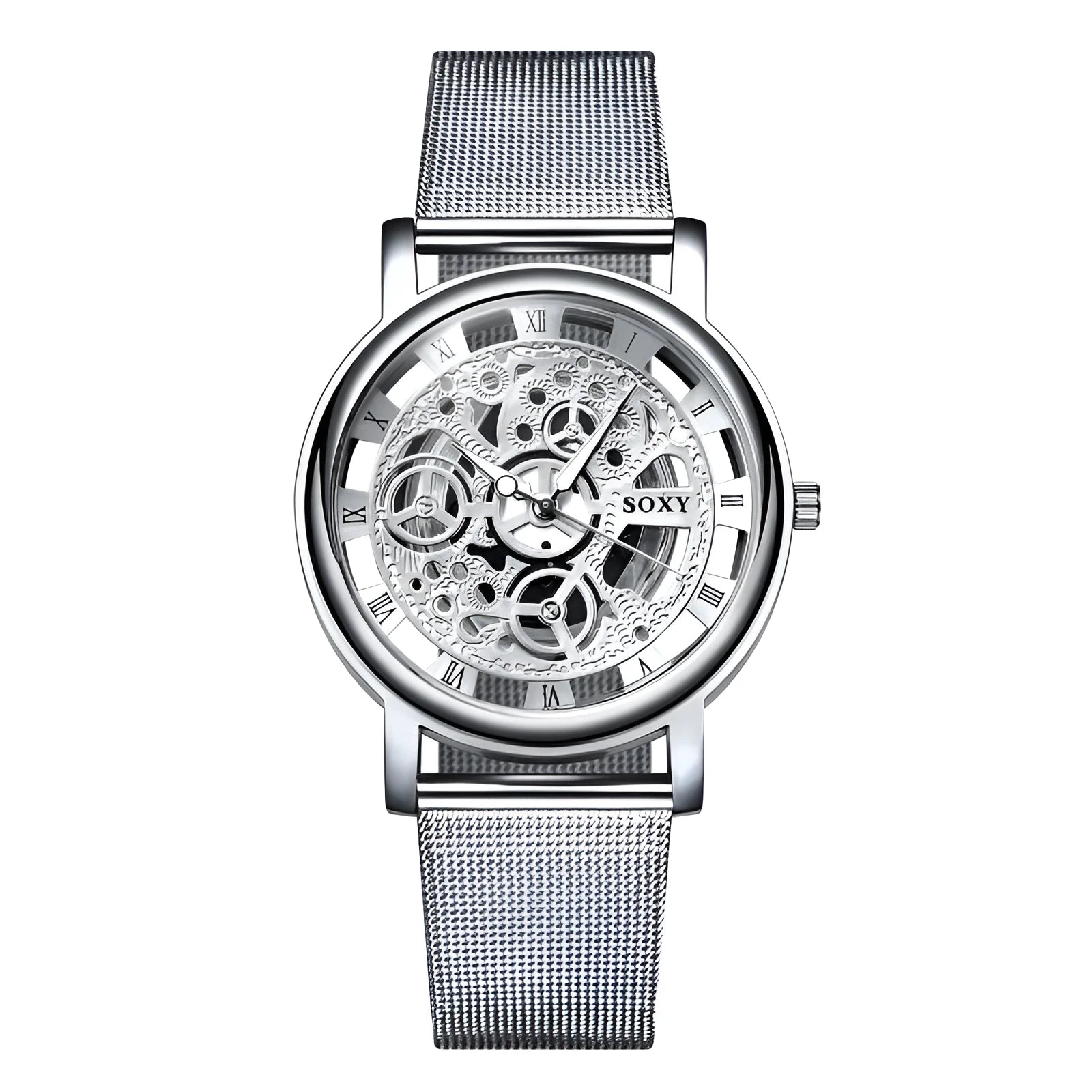 Men's non mechanical watch with hollow cross border design, black dial and simple strap on wrist