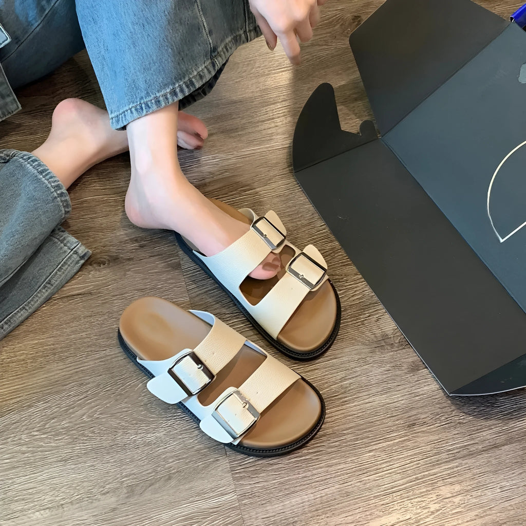 Women's casual half slippers with belt buckle, round toe, microfiber upper, rubber sole