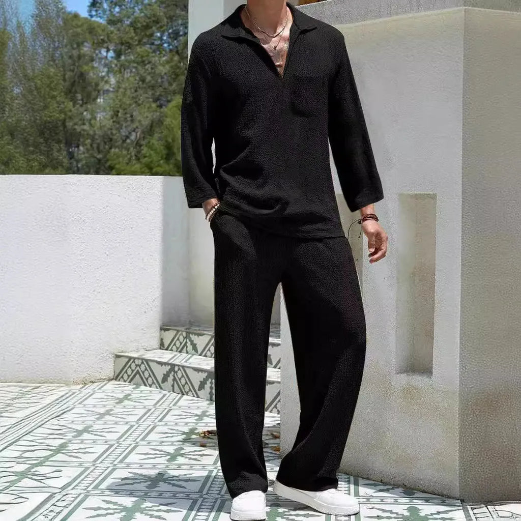 Men's casual shirt and trousers suit set in lake blue, khaki, black, or caramel colour.