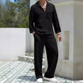 Men's casual shirt and trousers suit set in lake blue, khaki, black, or caramel colour.