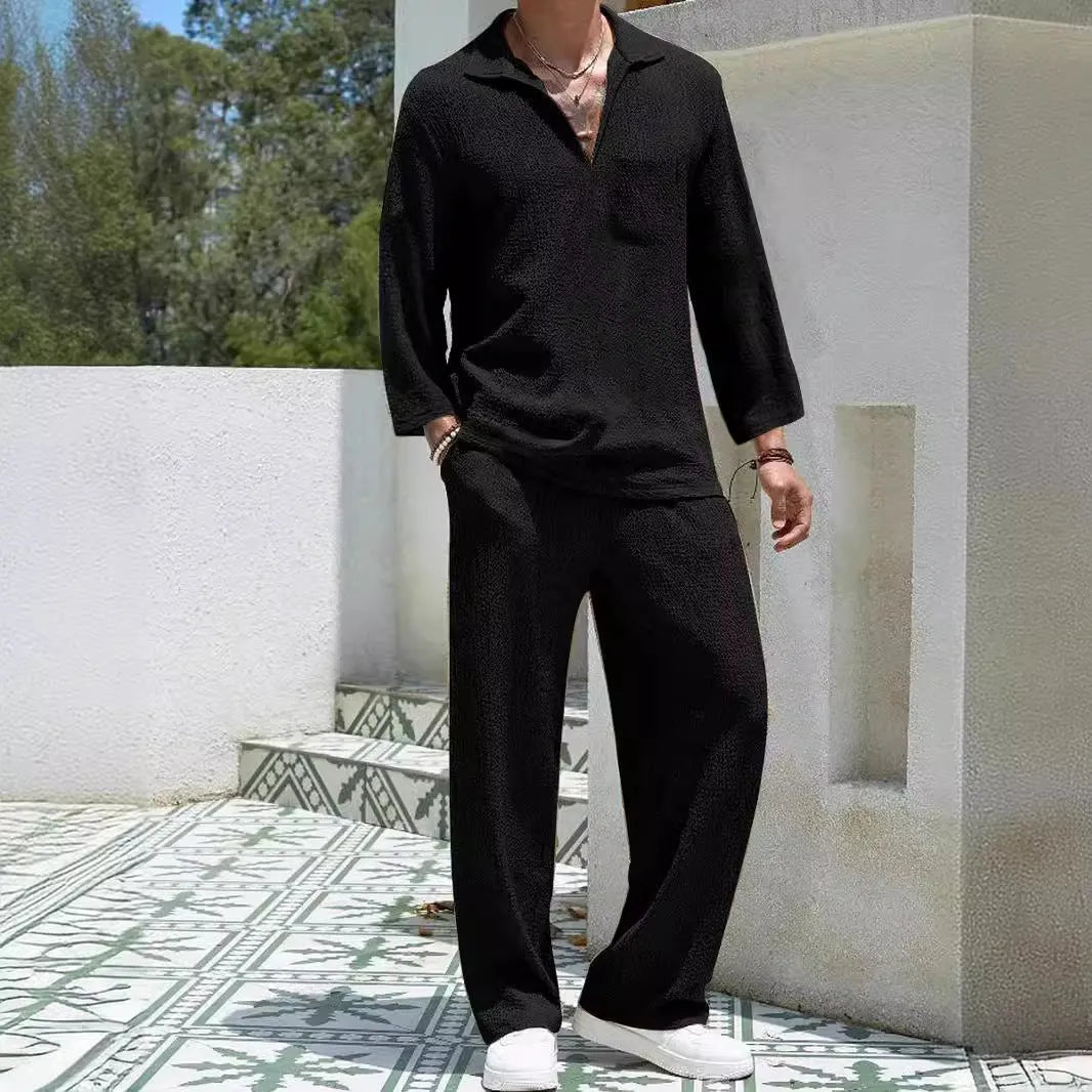 Men's casual shirt and trousers suit set in lake blue, khaki, black, or caramel colour.