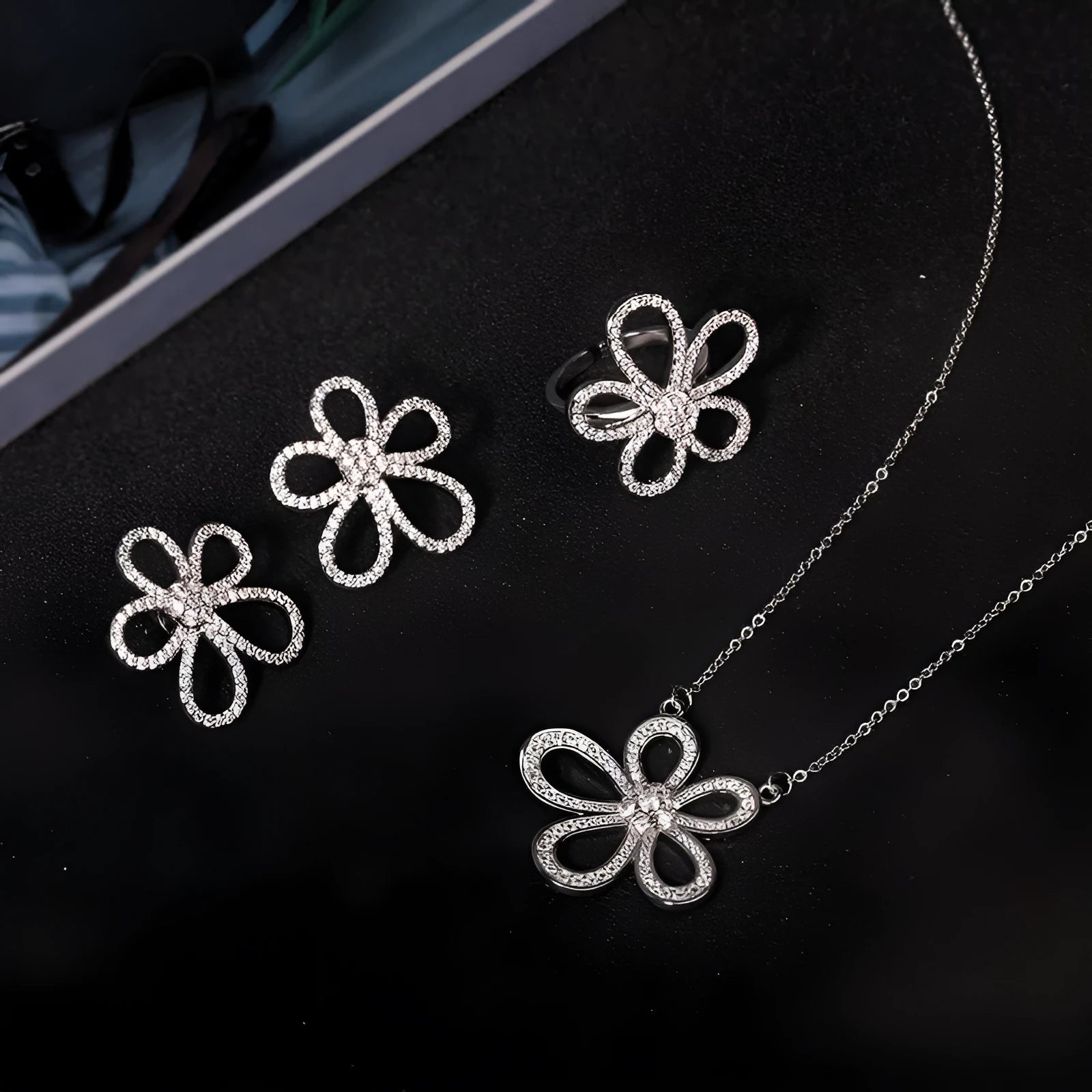 S925 sterling silver five petal jewellery set with necklace, ring, and earrings on white background
