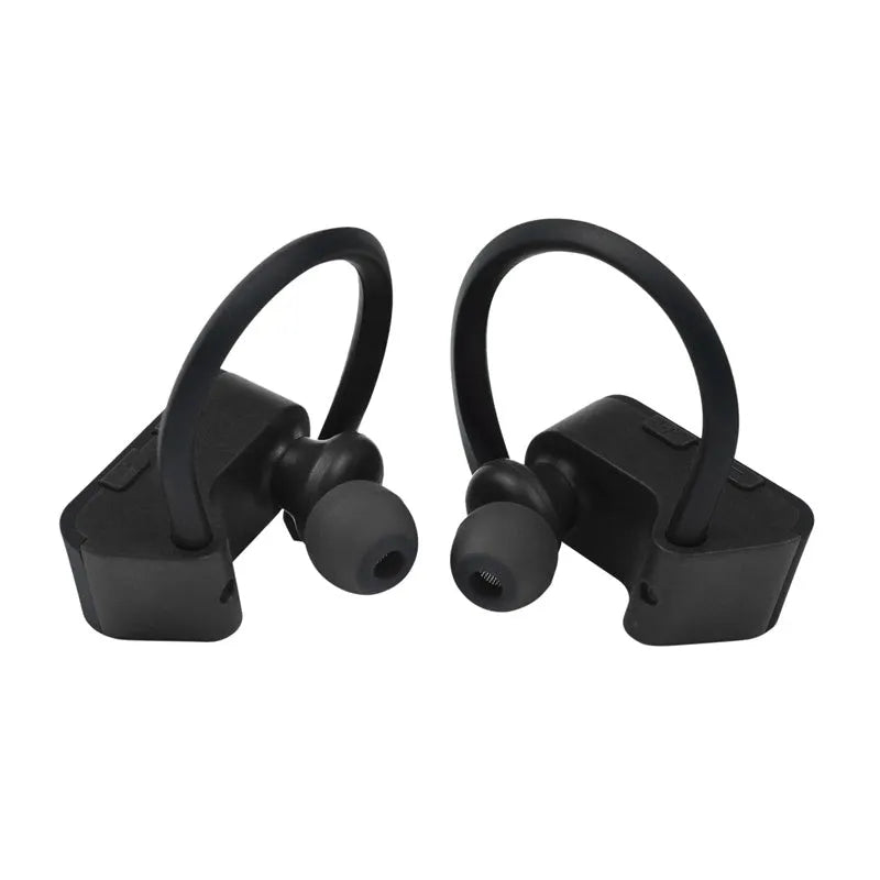 Black wireless Bluetooth in-ear headphones with ergonomic design and charging cable.