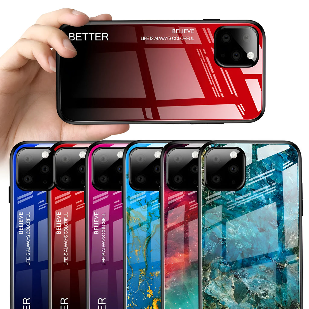 Customised gradient glass phone case with TPU and glass layers, 1.5mm thick, simple style, multiple iPhone models