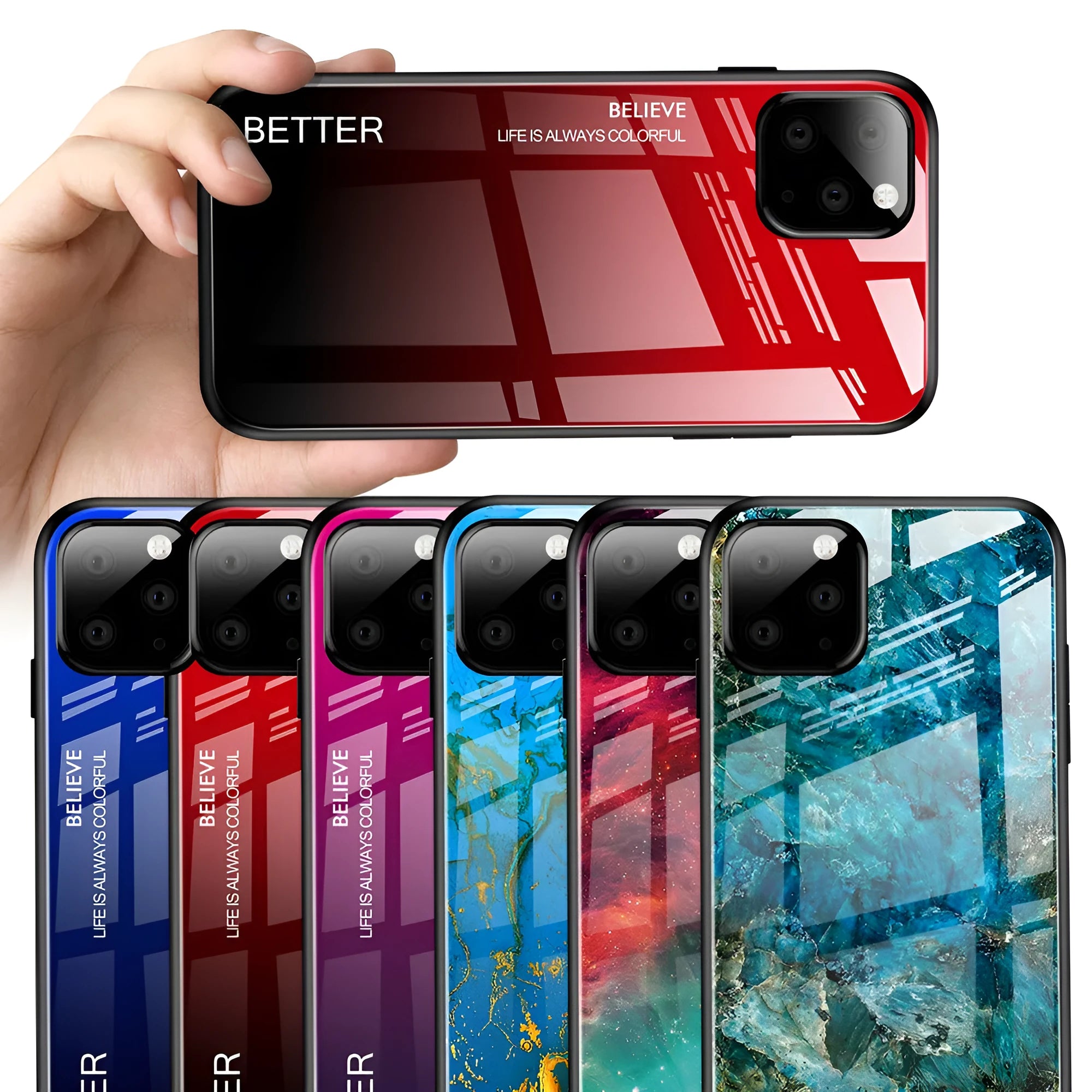 Customised gradient glass phone case with TPU and glass layers, 1.5mm thick, simple style, multiple iPhone models