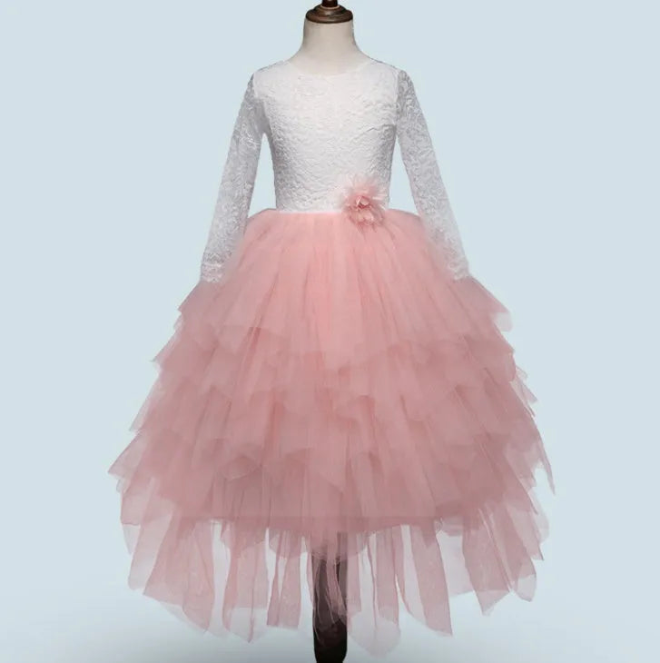Children's white hollow lace long-sleeved princess dress cotton blend for autumn and winter