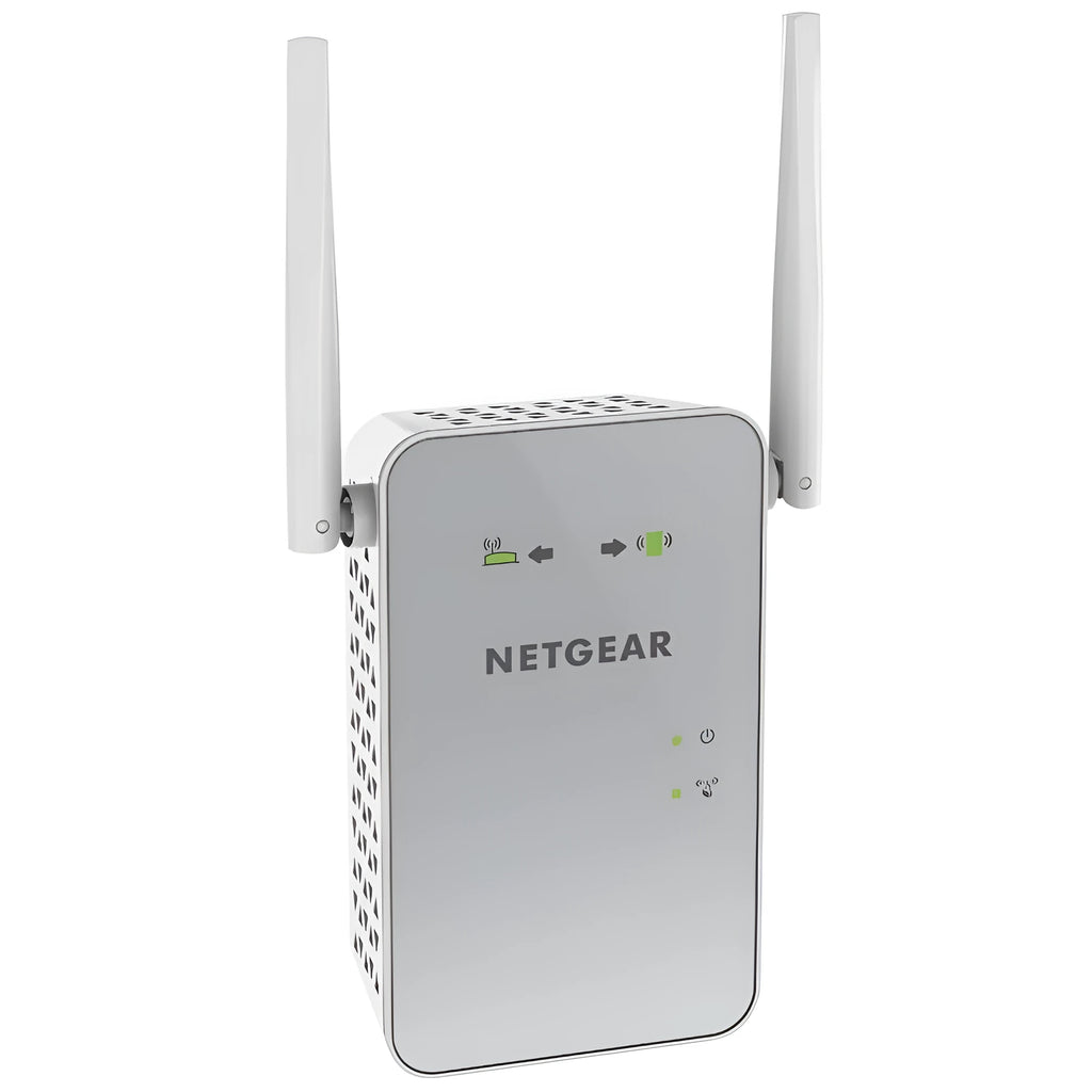NETGEAR white dual-band WiFi range extender with 1200Mbps speed and gigabit port