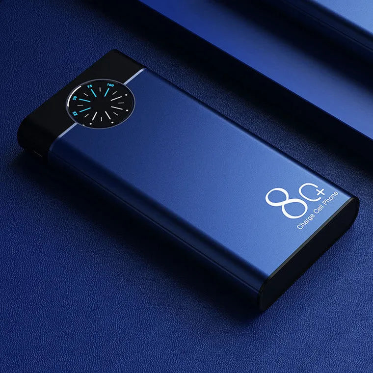 Black 20000mAh alloy portable power bank with LED flashlight showing size scale