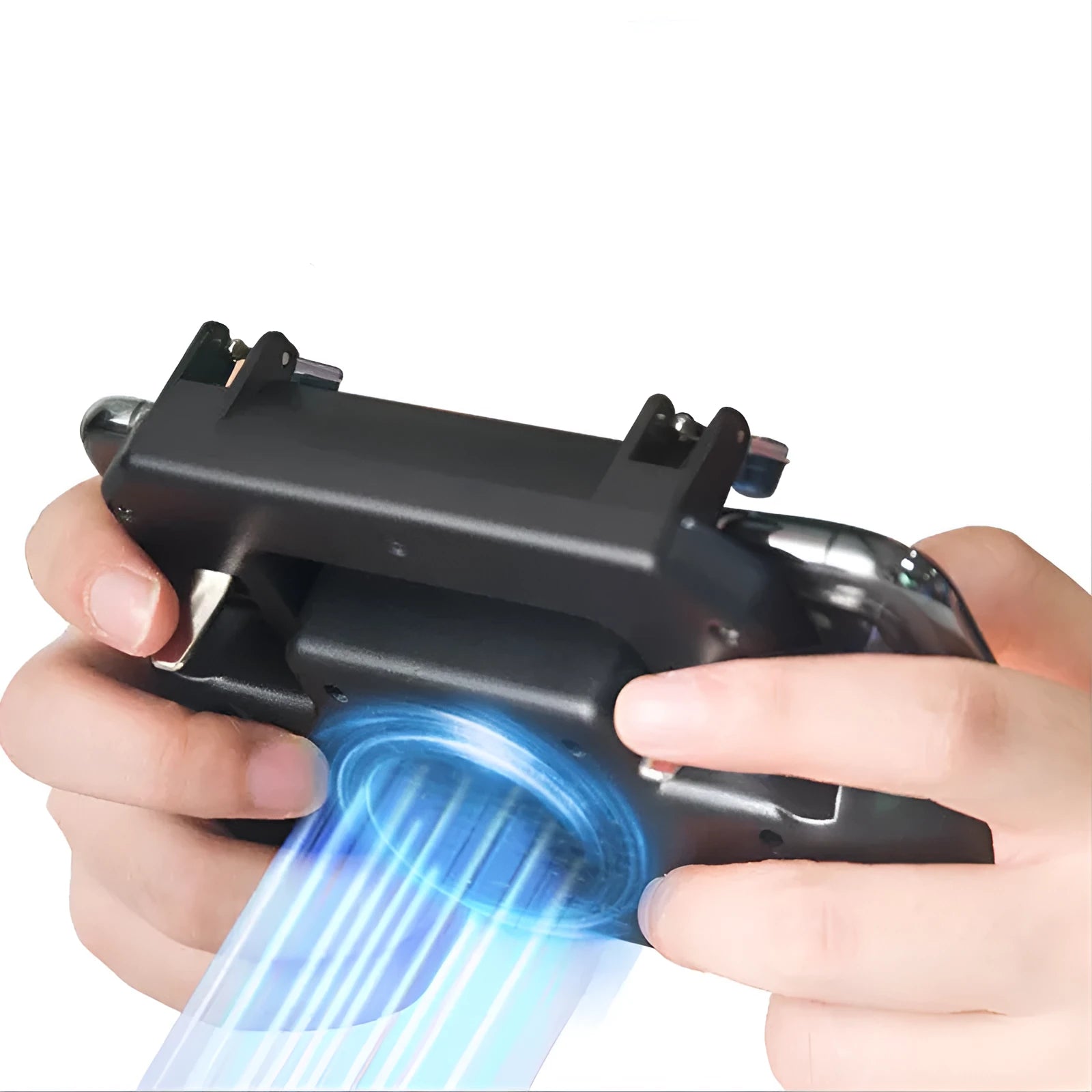 Black mobile game controller with USB cable for smartphones on a grey background.
