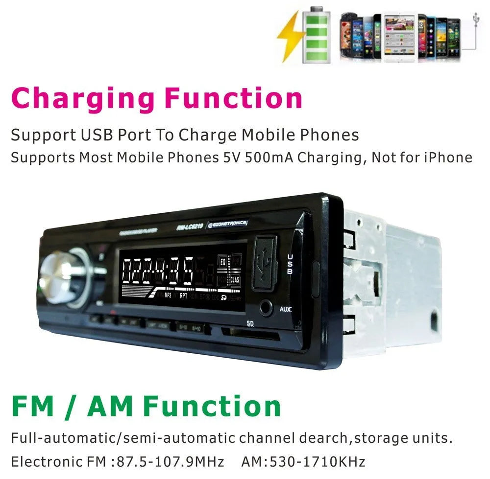 Car Bluetooth FM MP3 stereo receiver with USB and SD card slots on front panel