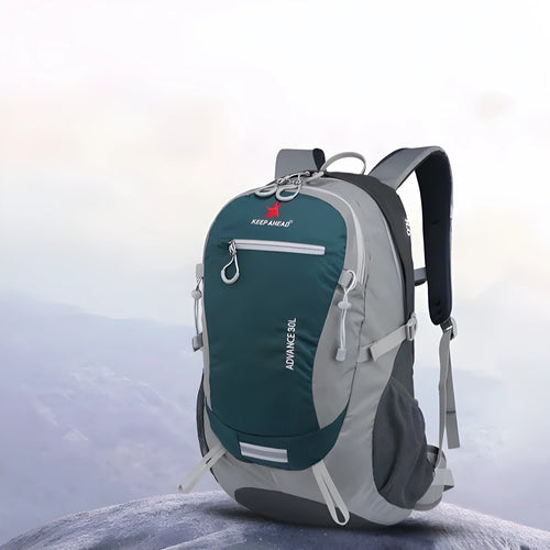 30-litre nylon waterproof backpack in dark green colour with air pillow straps.