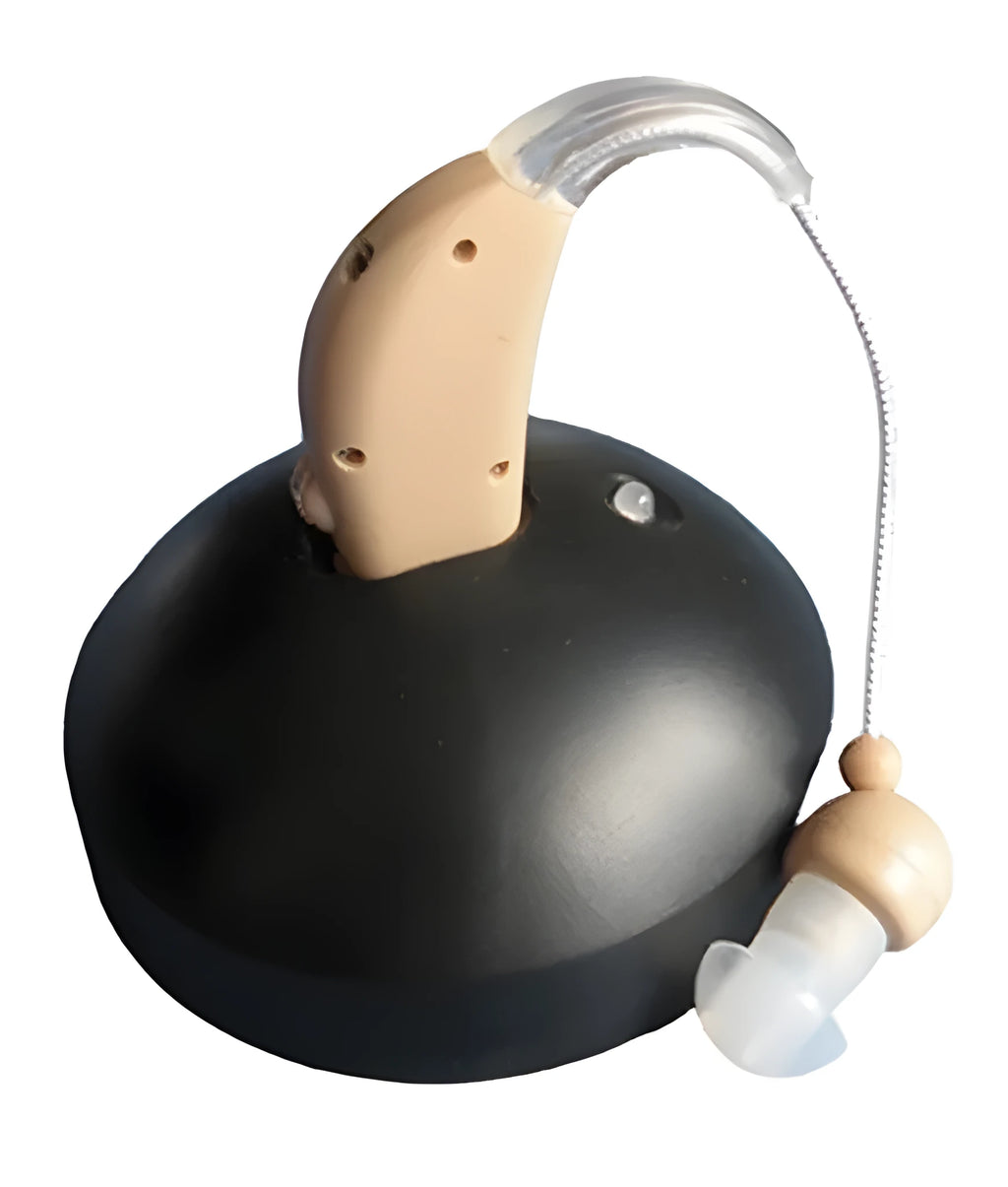 Rechargeable behind-the-ear digital hearing aid amplifier in skin-tone plastic.