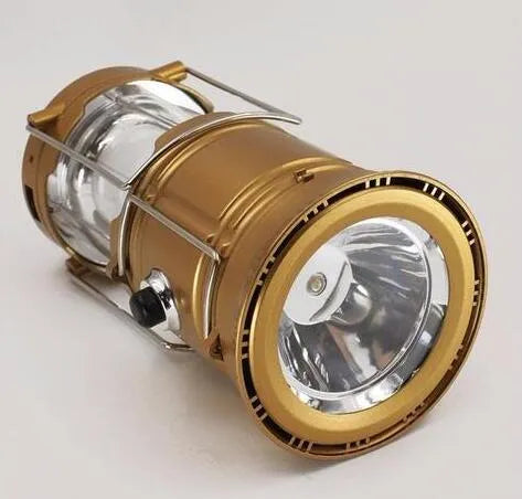 Collapsible LED solar camping lantern in Blue or Gold with reflective lenses, rubber handle and water resistant ABS body