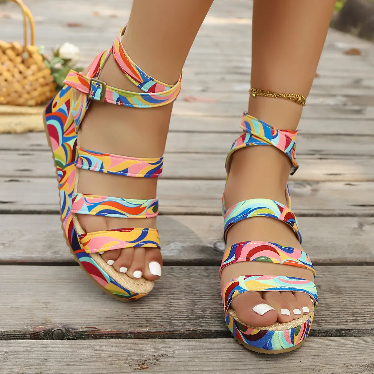 Women's buckle wedge sandals in European fashion style with fish mouth toe design