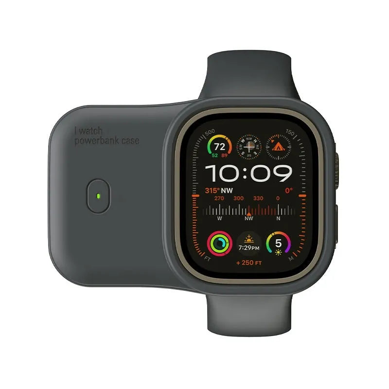 Apple Watch portable wireless charging case power bank in brown, blue, or starlight.