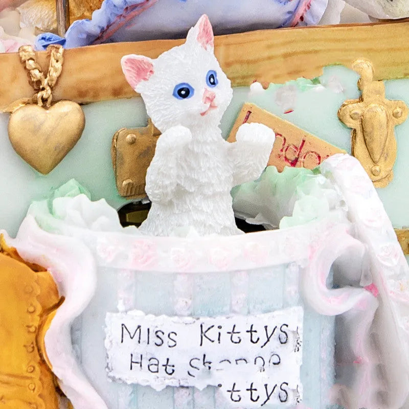 Cold porcelain European style cat jewellery box music box with rotating snowflake illumination