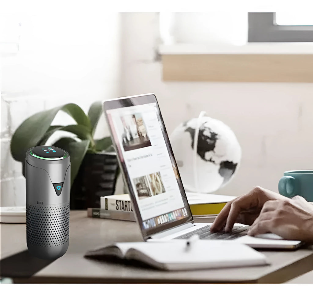 AN-SY01 car air purifier with HEPA filter, PM2.5 display, and 5200mAh battery in silver