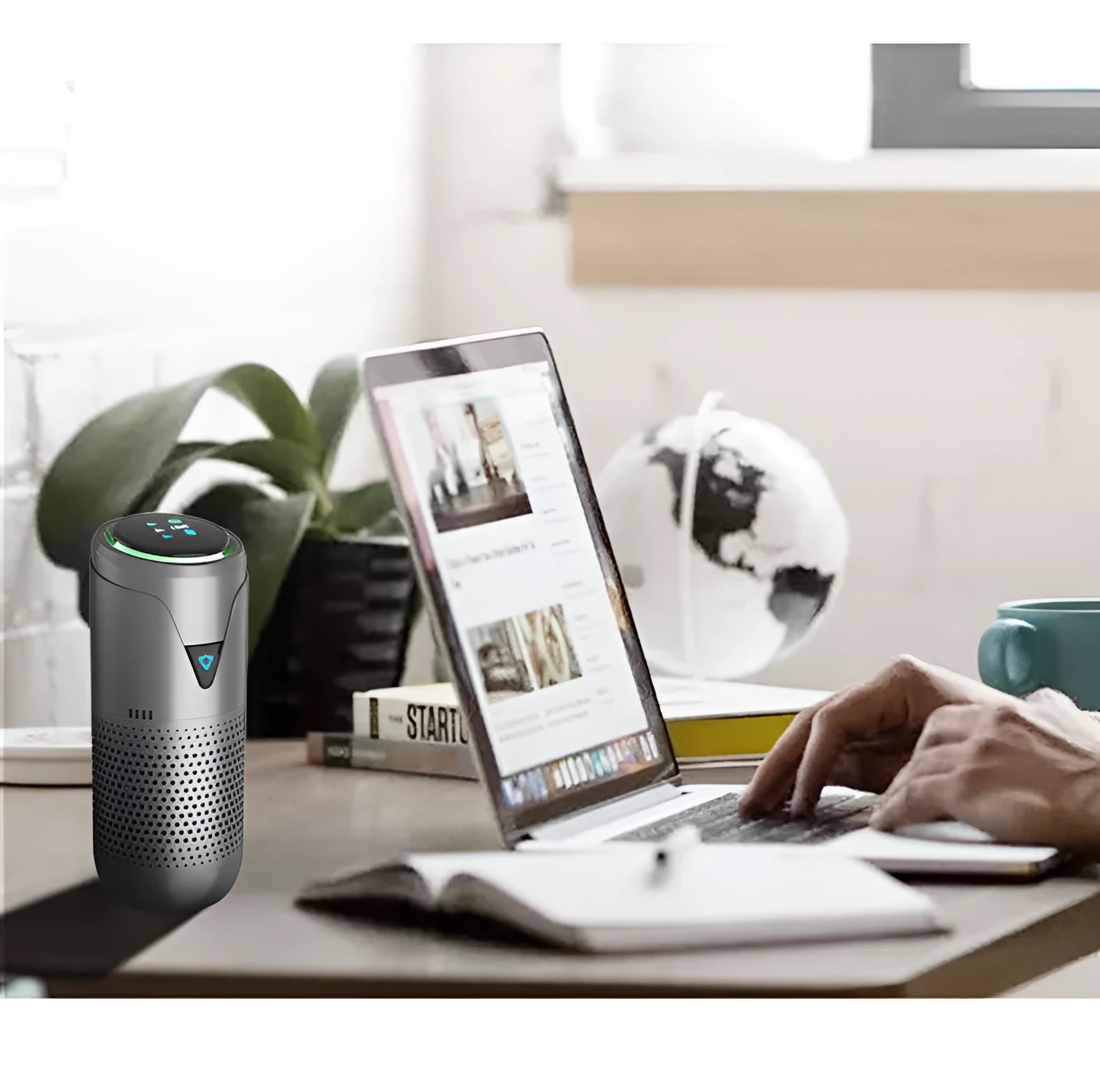 AN-SY01 car air purifier with HEPA filter, PM2.5 display, and 5200mAh battery in silver