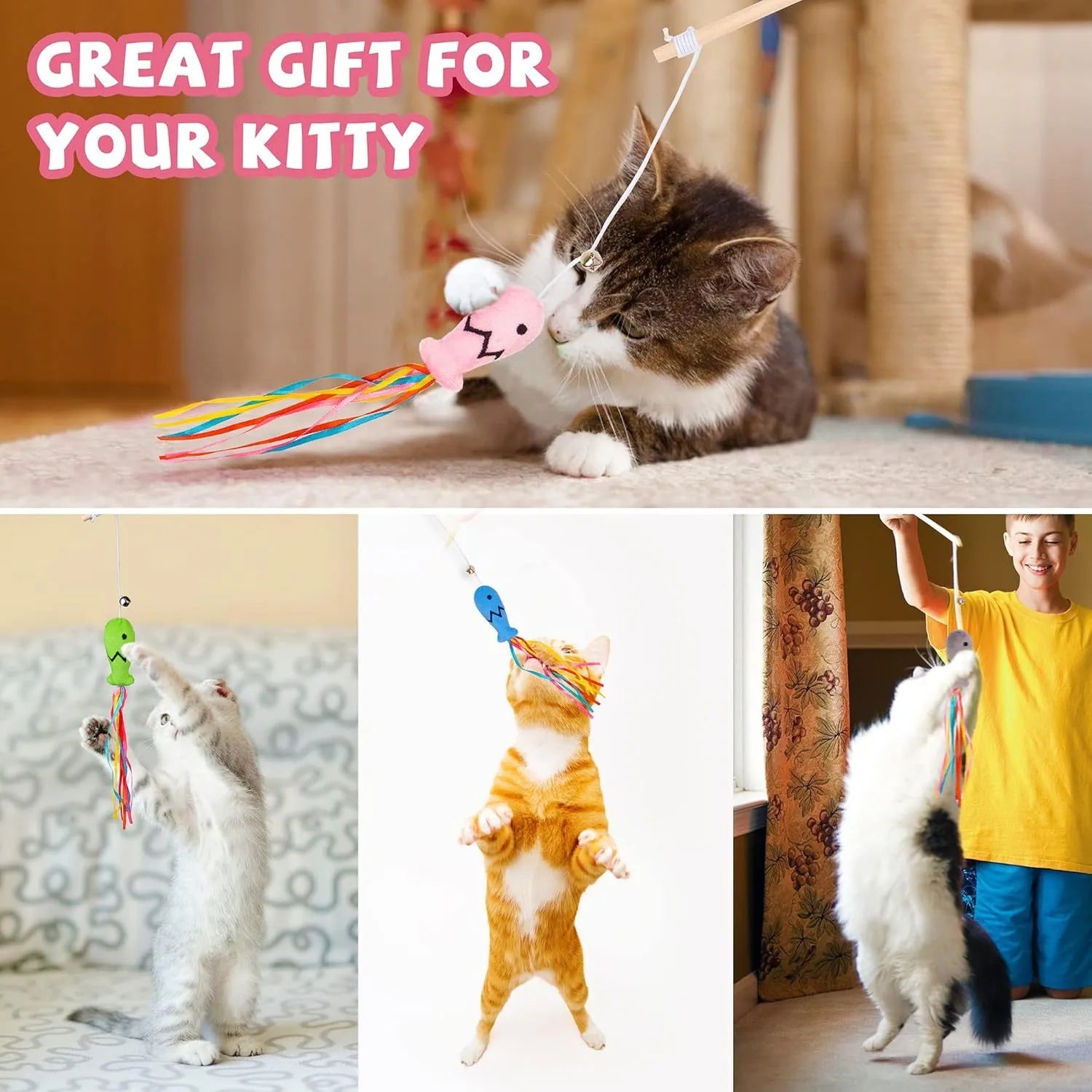 Cat wand toy with catnip fish, colourful ribbons and bell on natural wooden handle