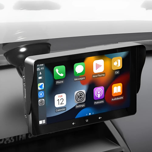 7-inch wireless CarPlay display unit with suction cup mount on a car dashboard