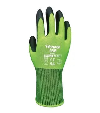 Green nitrile dipped breathable ultra-thin wear-resistant gloves WG501 on grey background