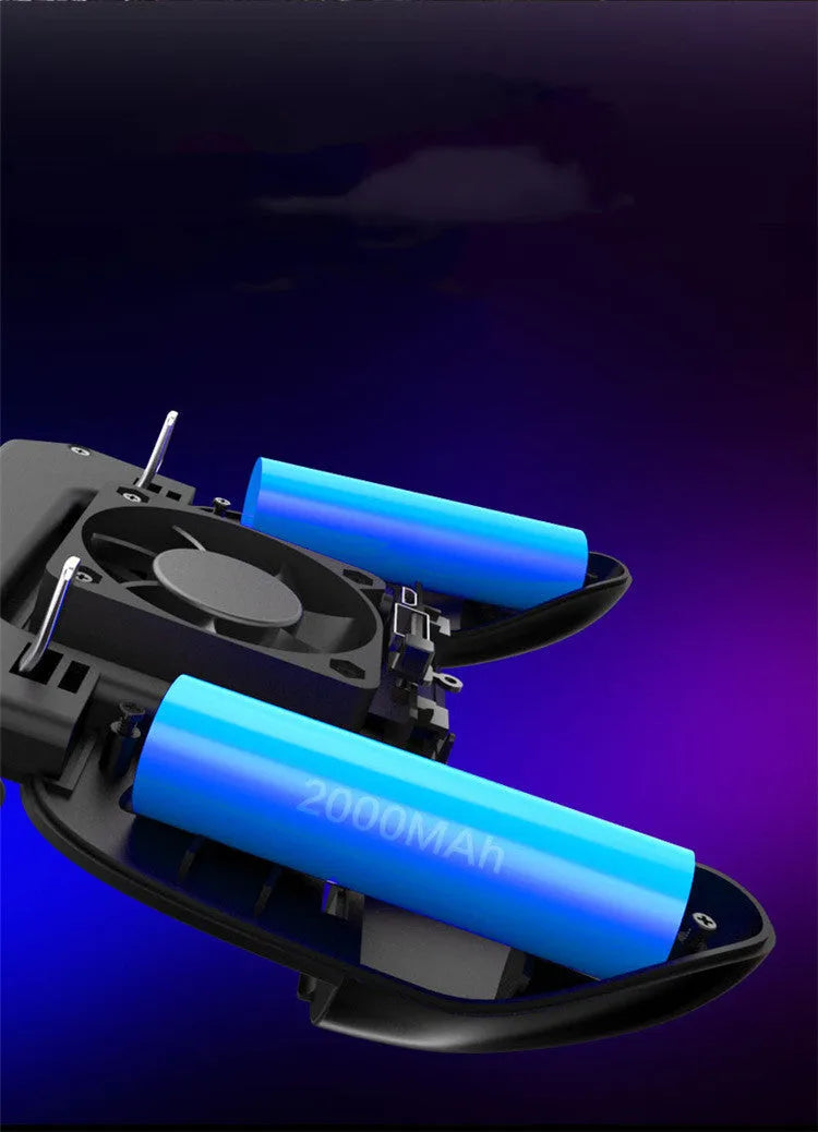 Black mobile game controller with USB cable for smartphones on a grey background.