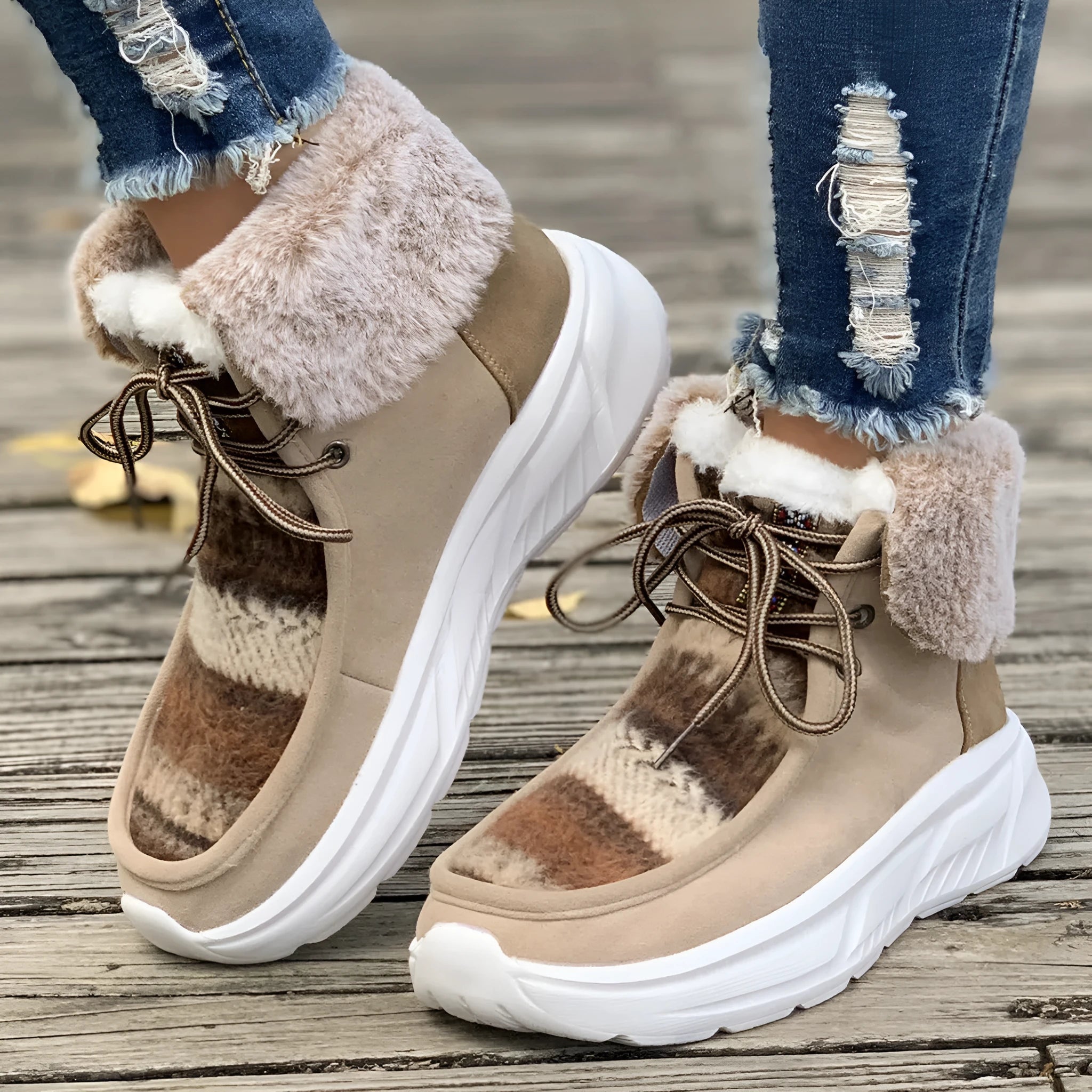 Beige women's lace-up suede snow boots with fuzzy finish and thick rubber sole.