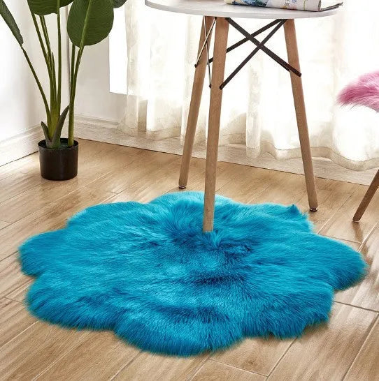 Artificial woolen floral sheepskin hairy plush carpet rug in beige colour, 60x60 cm size, on a tiled floor