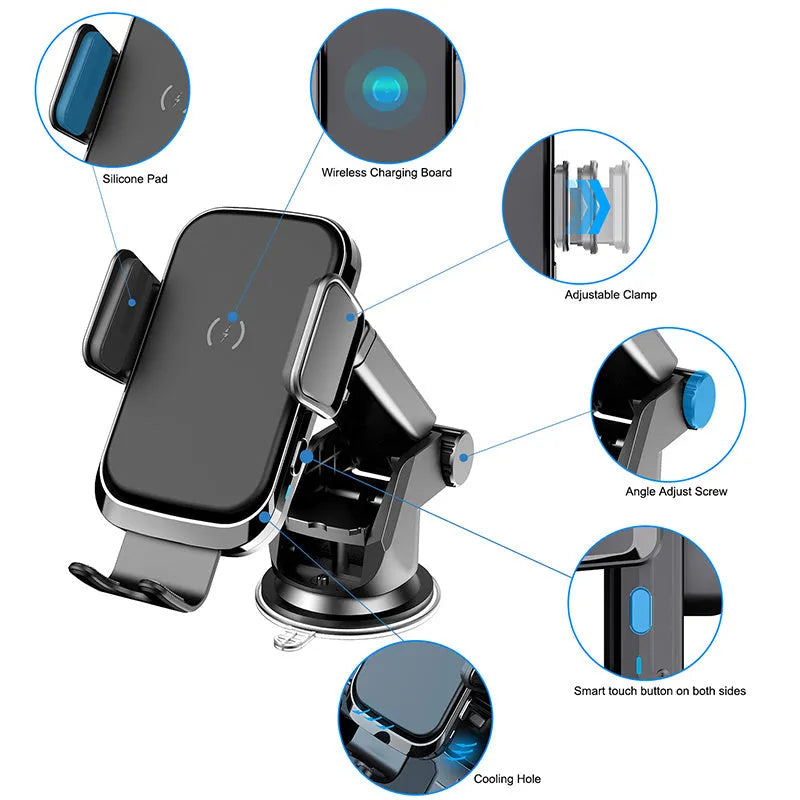 Black car wireless charger with suction cup mount on a car dashboard, ABS joint rod visible
