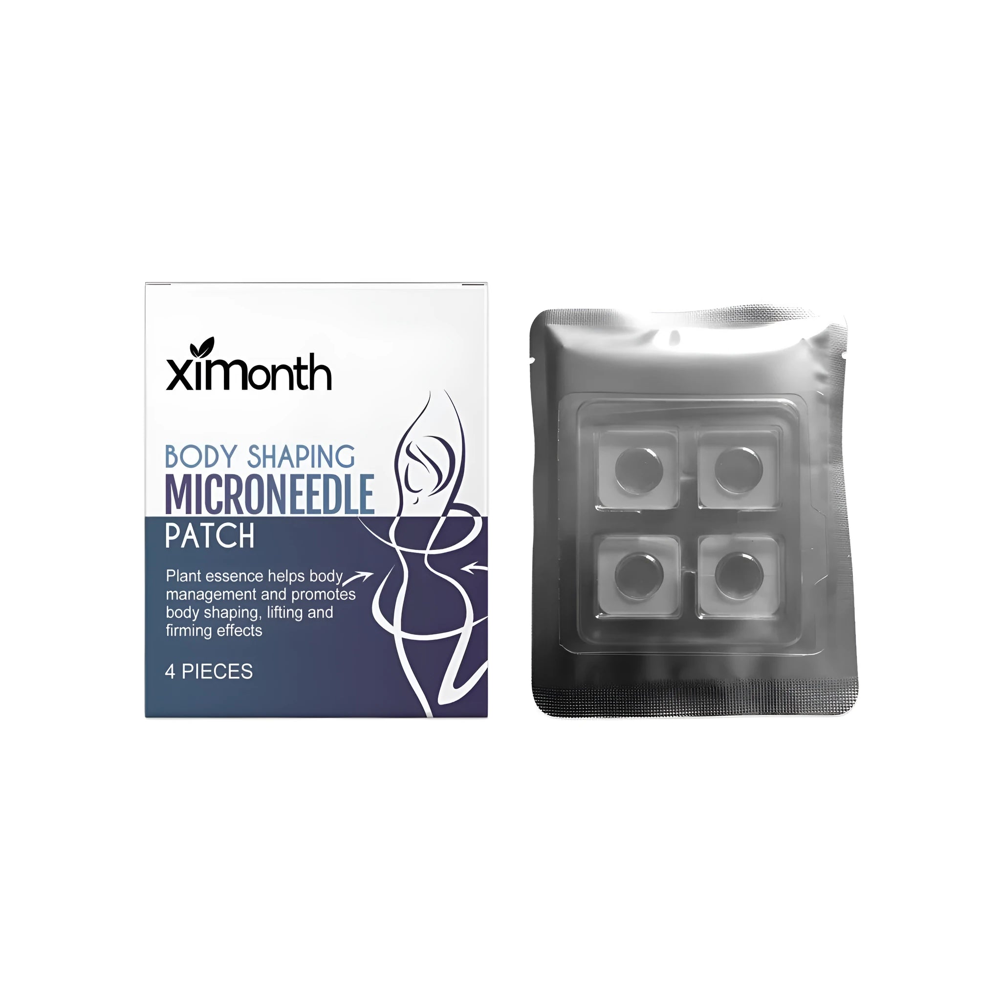 Pack of four body-shaping micro-needle patches with a curved design on a white background.