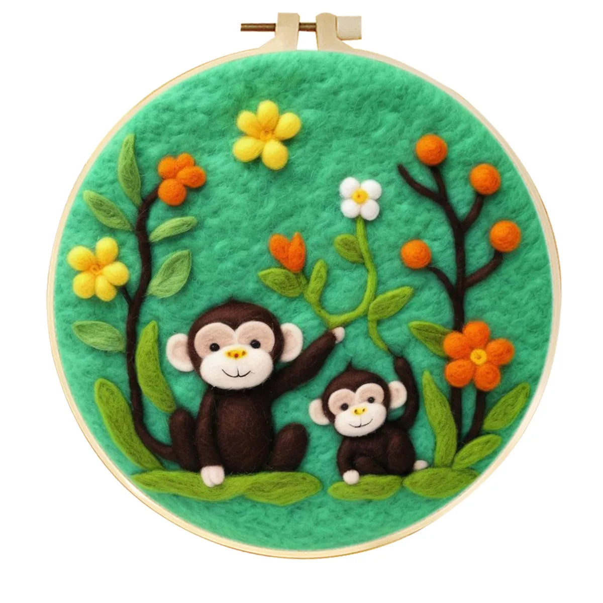 Round linen embroidery frame with wool felt floral decoration kit for three-dimensional wall art