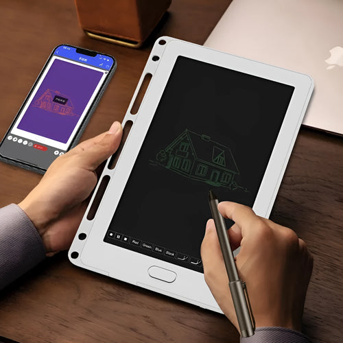 85-inch electronic writing pad with stitching design, smart pen, and USB cable in black, dark blue, or sky blue