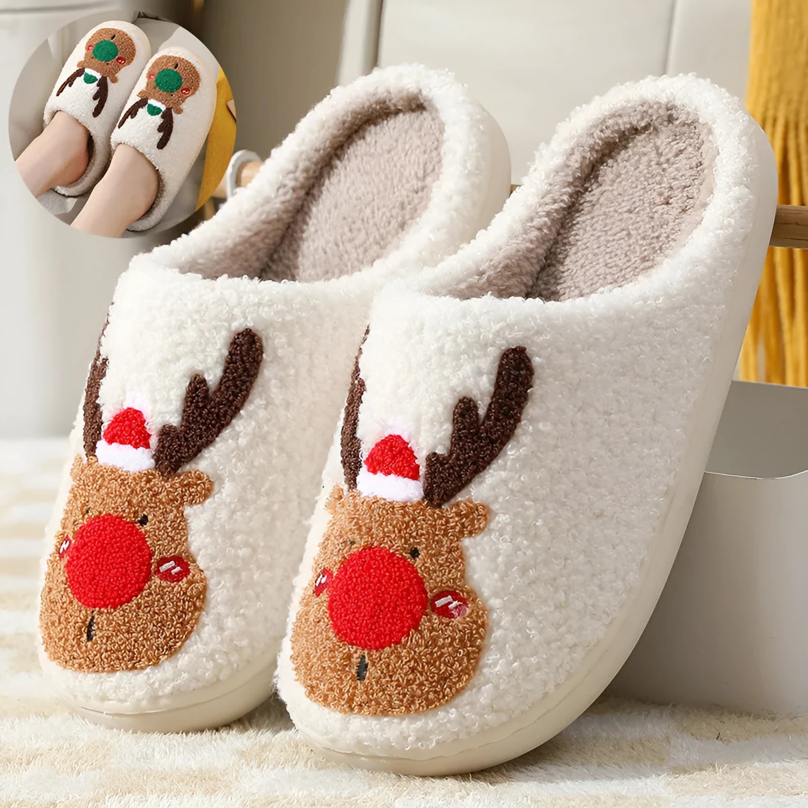 Christmas winter home slippers in red with plush upper and anti-slip sole on a wooden floor