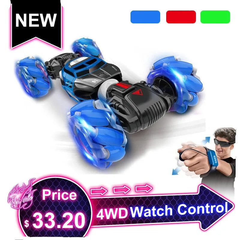 4WD RC stunt car with gesture remote control in red colour on white background showing off-road wheels and LED lights