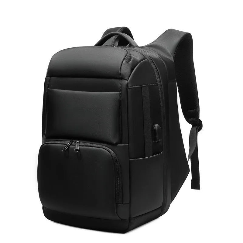 Black multifunctional nylon backpack with polyester lining for business, travel, school, and leisure use