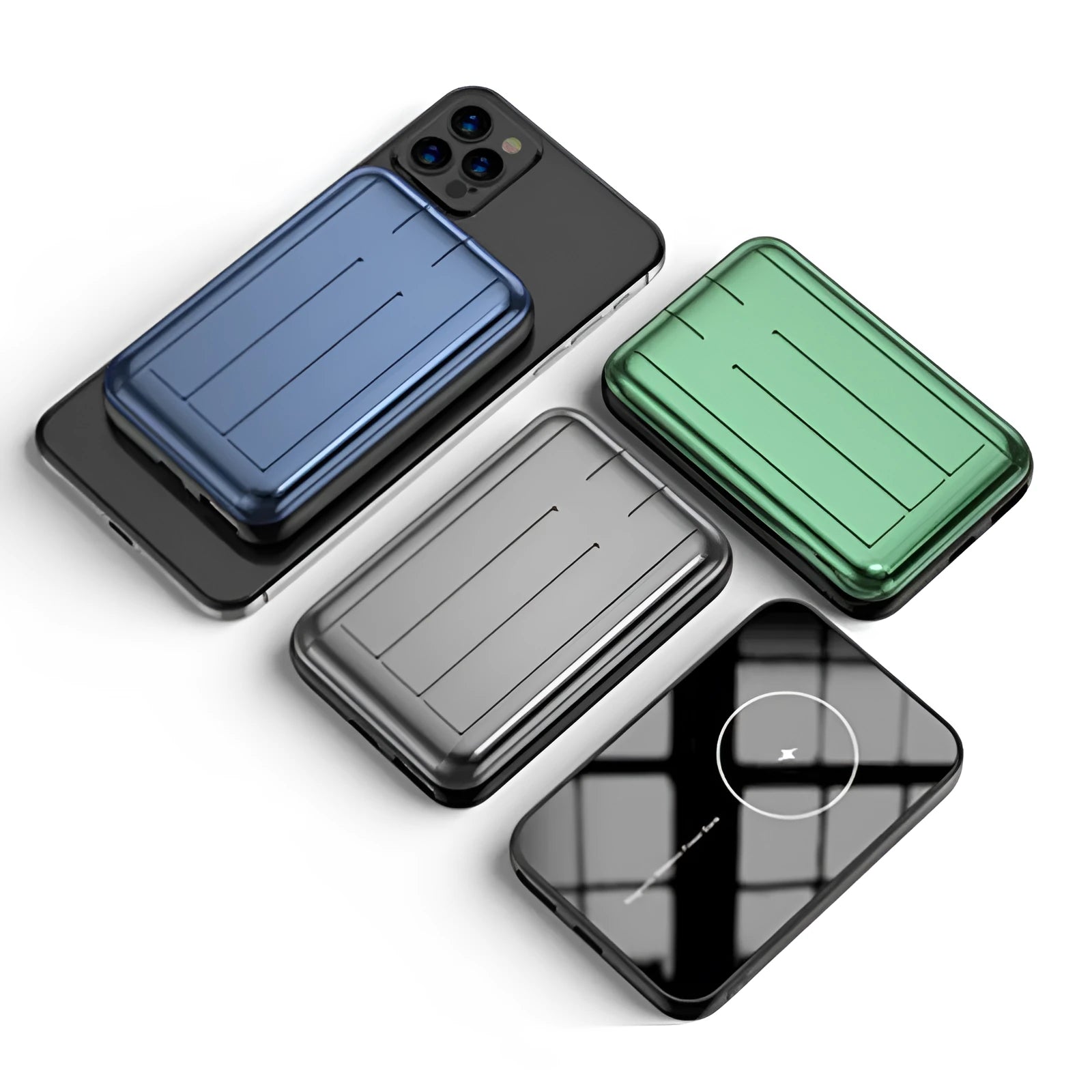 Blue magnetic mobile power bank showing wireless charging surface and USB ports with 5000mAh capacity display