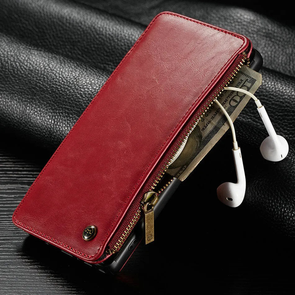 Black leather flip phone case open showing Samsung Galaxy Note9 phone inside