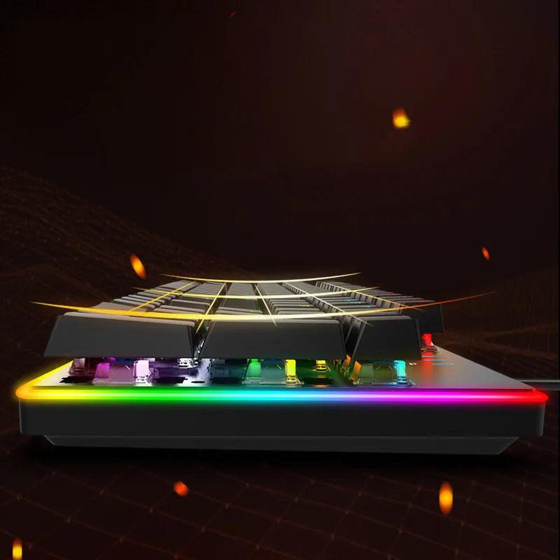 Real wired mechanical keyboard with 104 keys, RGB backlight, metal frame, and USB cable for desktop use