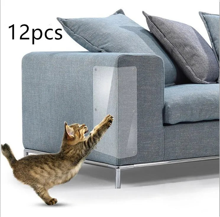 Two transparent PVC self-adhesive cat claw protector pads on a leather sofa arm, each 47x15cm