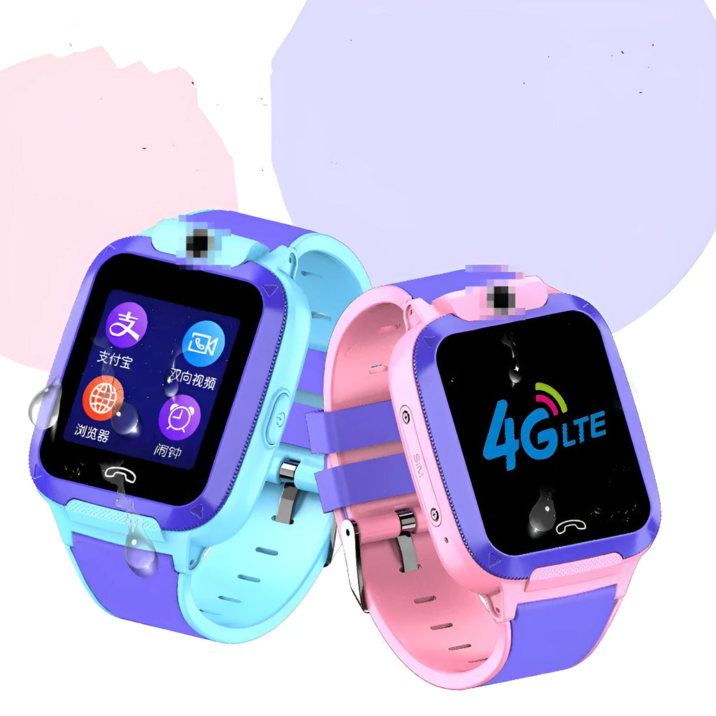 A blue children's GPS smartwatch with a 1.44-inch touchscreen, shown on a wrist.