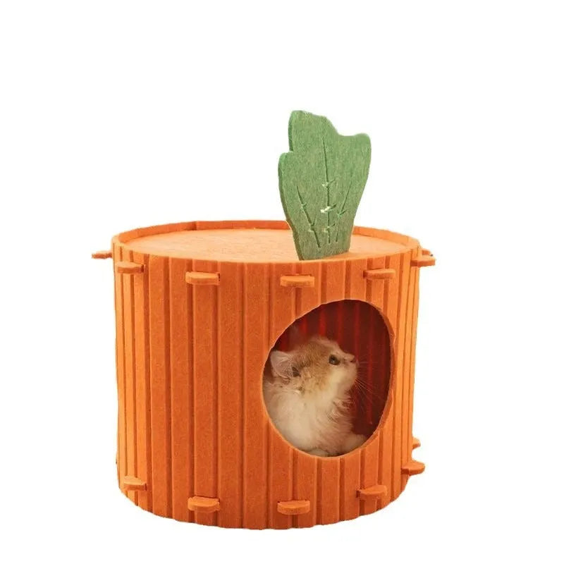 Carrot-shaped grey felt cat tunnel nest with a semi-enclosed opening, shown in two size options.
