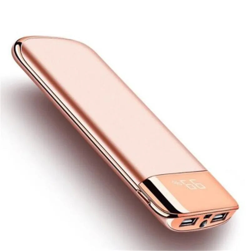 Y10 portable power bank with LCD screen showing battery percentage, in a choice of colours including black, gold, and rose gold.