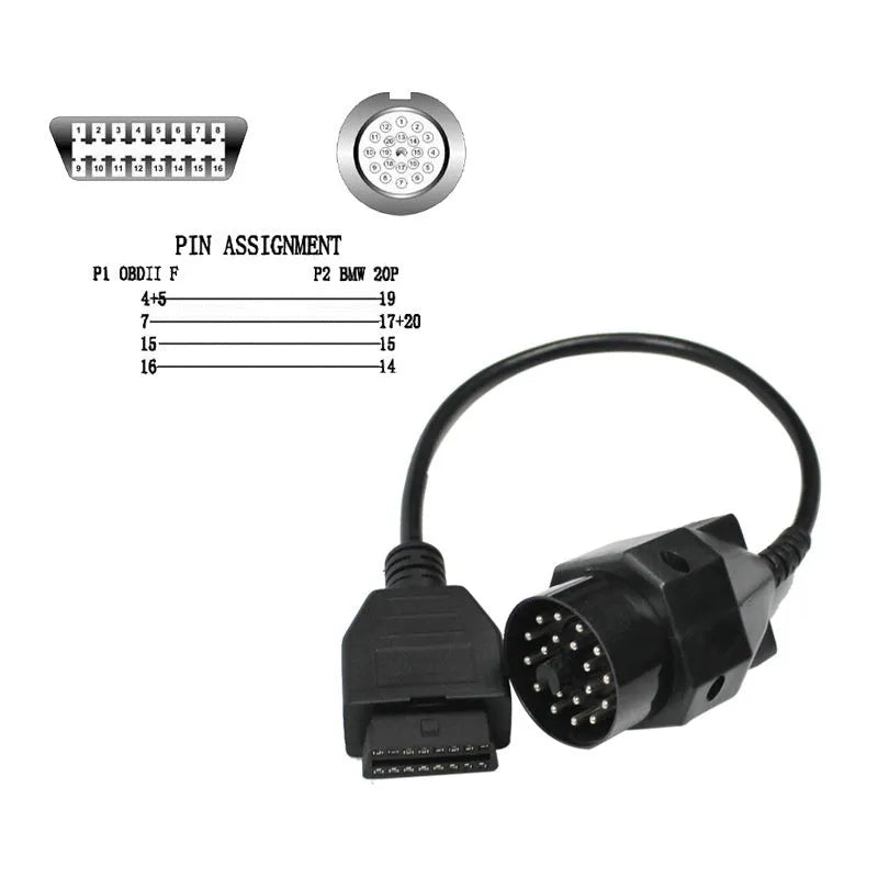 OBD2 adapter cable with BMW 20-pin connector and standard 16-pin OBD2 connector for vehicle diagnostics.