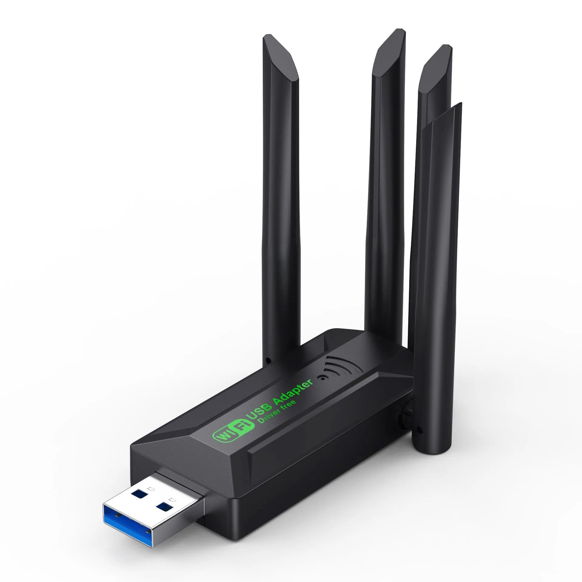 Black USB network transmitter with four external antennae for computer Wi-Fi signal boosting.