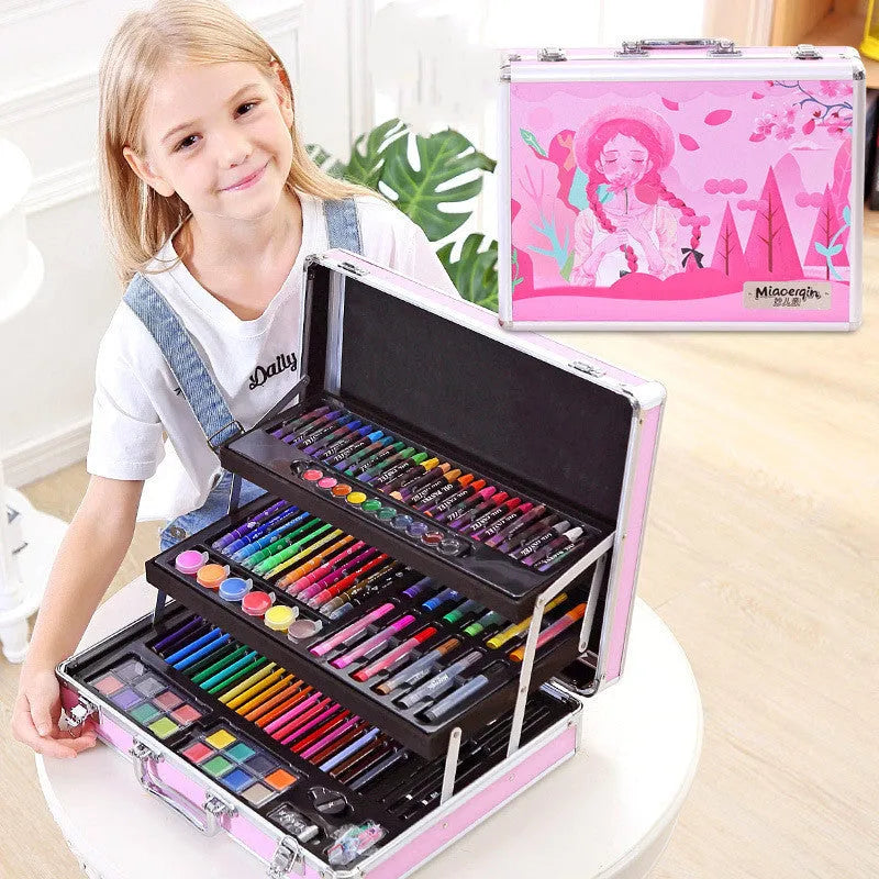 Creative birthday gift for girls ten years old, 3-layer pink aluminium box set with doodle pen set, plastic construction